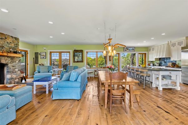 Dining room, Fireplace, Interior, Kitchen, Living room, Pendant Lights, Recessed Lighting, Stone Walls, Wood Texture Flooring
