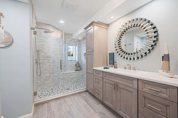 Bathroom, Dual Sink Vanities, Glass Shower, Interior, Recessed Lighting, Wood Texture Flooring