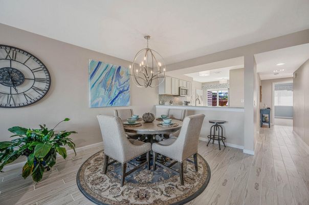 Chandelier, Dining room, Interior, Kitchen, Recessed Lighting, Wood Texture Flooring