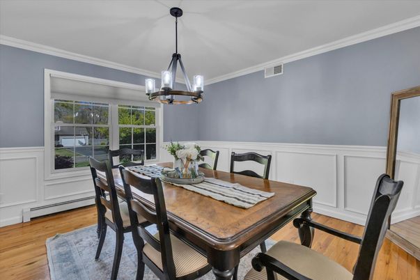 Dining room, Interior, Pendant Lights, Wood Texture Flooring