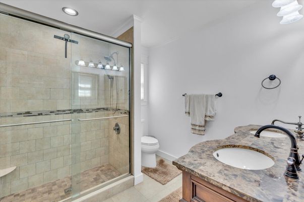 Bathroom, Glass Shower, Interior, Recessed Lighting, Stone Walls