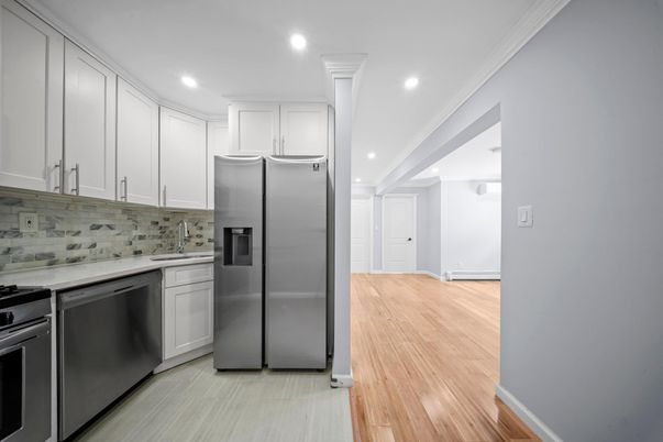 Interior, Kitchen, Recessed Lighting, Stainless Steel Appliances, Wood Texture Flooring