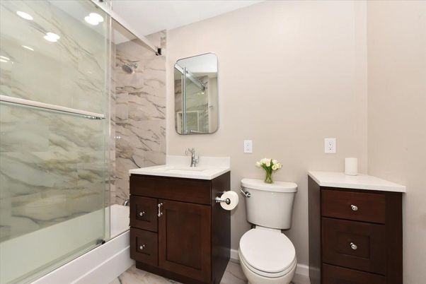 Bathroom, Glass Shower, Interior, Marble Walls, Recessed Lighting