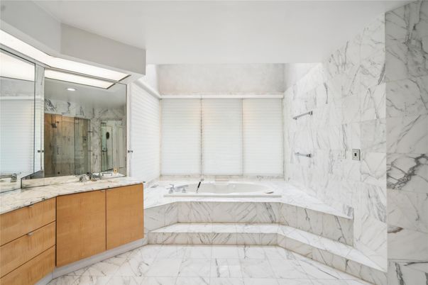 Bathroom, Glass Shower, Interior, Marble, Marble Walls, Recessed Lighting