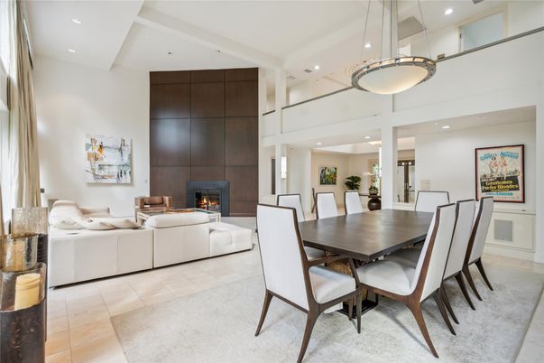 Dining room, Fireplace, Interior, Living room, Pendant Lights, Recessed Lighting