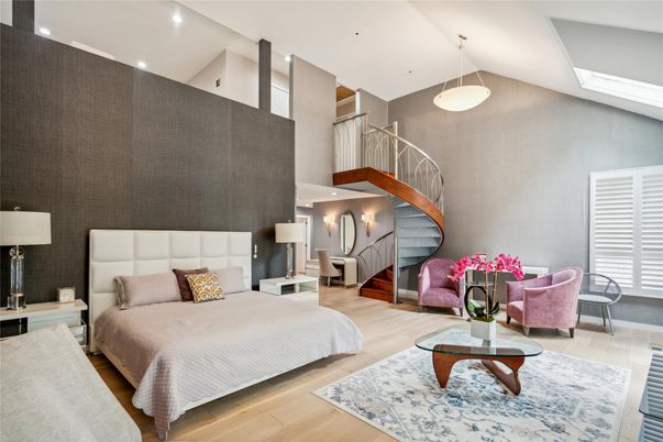 Bedroom, Interior, Pendant Lights, Recessed Lighting, Wood Texture Flooring