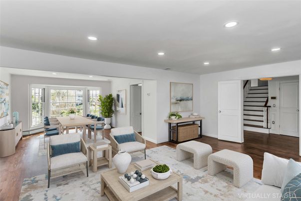 Dining room, Interior, Living room, Recessed Lighting, Wood Texture Flooring