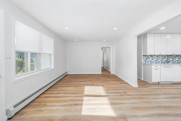 Empty room, Interior, Kitchen, Recessed Lighting, Wood Texture Flooring