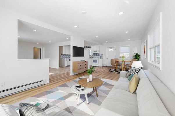 Dining room, Interior, Kitchen, Living room, Recessed Lighting, Wood Texture Flooring