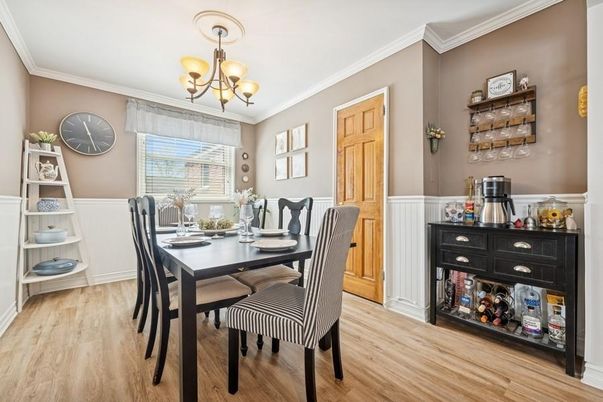 Chandelier, Dining room, Interior, Wood Texture Flooring