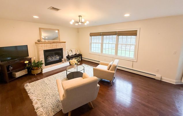 Fireplace, Interior, Living room, Recessed Lighting, Wood Texture Flooring
