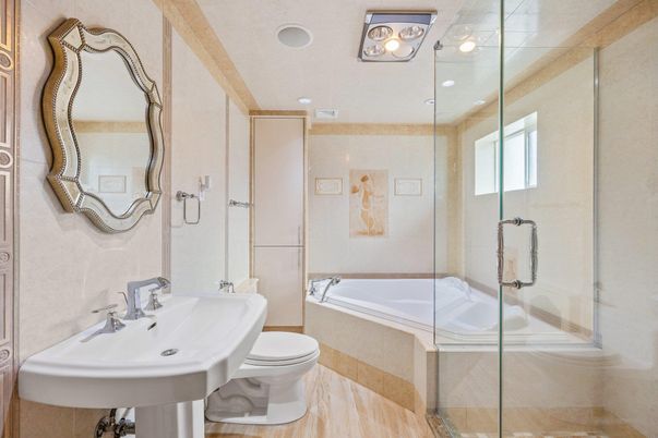 Bathroom, Glass Shower, Interior, Wood Texture Flooring