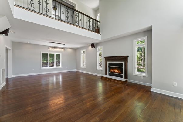 Fireplace, Interior, Pendant Lights, Recessed Lighting, Wood Texture Flooring