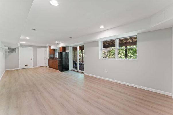 Empty room, Interior, Kitchen, Recessed Lighting, Wood Texture Flooring