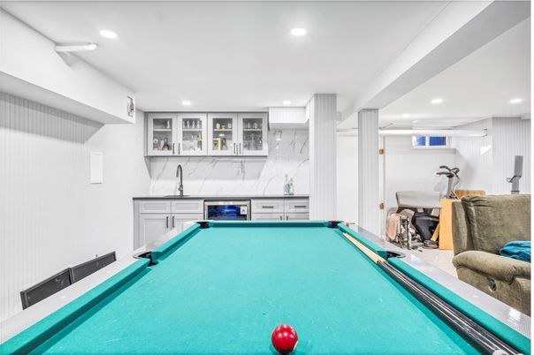 Billiard Table, Game Room, Interior, Marble Walls, Recessed Lighting