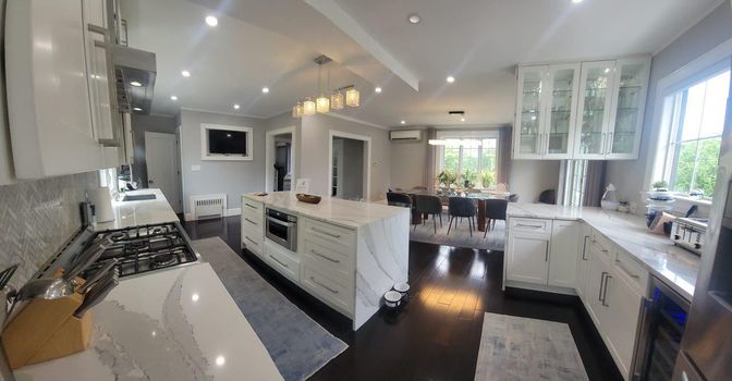 Dining room, Interior, Kitchen, Pendant Lights, Recessed Lighting, Stainless Steel Appliances, Wood Texture Flooring