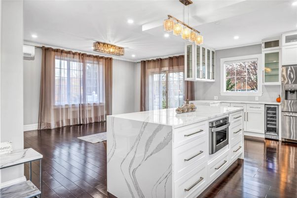 Chandelier, Interior, Kitchen, Recessed Lighting, Stainless Steel Appliances, Wood Texture Flooring