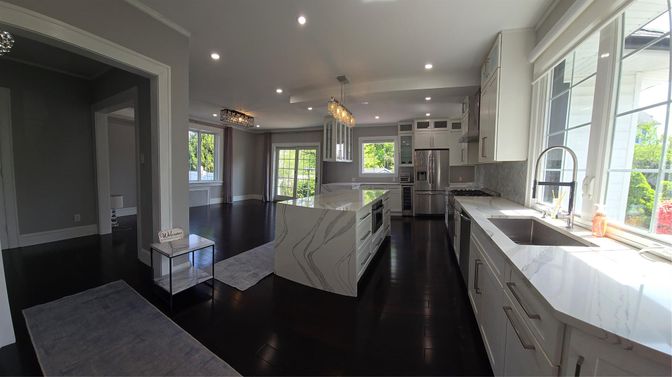 Chandelier, Interior, Kitchen, Recessed Lighting, Stainless Steel Appliances, Wood Texture Flooring
