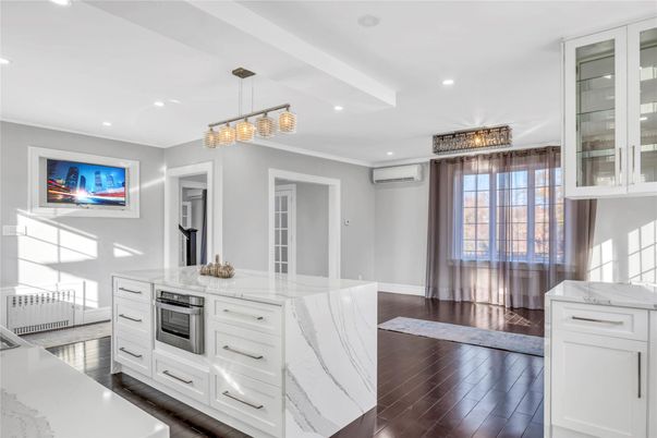Chandelier, Interior, Kitchen, Pendant Lights, Recessed Lighting, Wood Texture Flooring