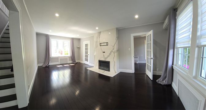 Empty room, Fireplace, Interior, Marble Walls, Recessed Lighting, Wood Texture Flooring