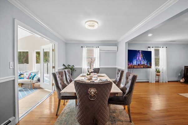 Dining room, Interior, Recessed Lighting, Wood Texture Flooring