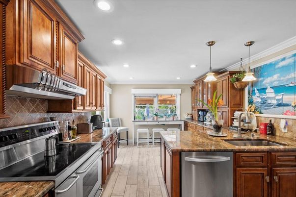 Interior, Kitchen, Pendant Lights, Recessed Lighting, Stainless Steel Appliances, Wood Texture Flooring