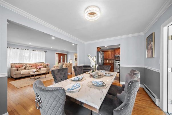 Dining room, Interior, Kitchen, Living room, Recessed Lighting, Stainless Steel Appliances, Wood Texture Flooring