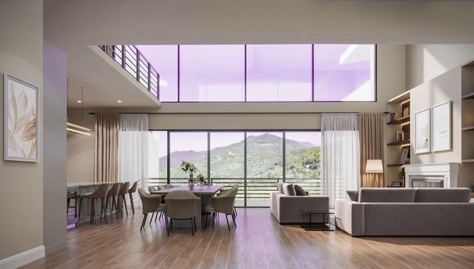 Dining room, Fireplace, Interior, Living room, Recessed Lighting, Wood Texture Flooring