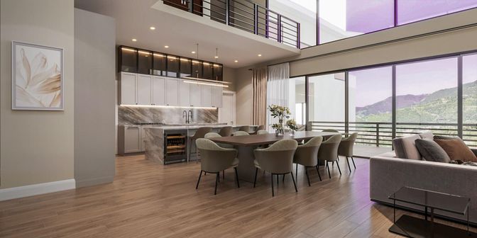 Dining room, Interior, Kitchen, Pendant Lights, Recessed Lighting, Wood Texture Flooring