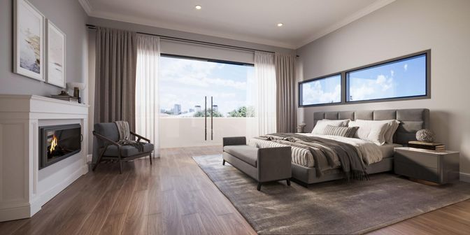 Bedroom, Fireplace, Interior, Recessed Lighting, Wood Texture Flooring