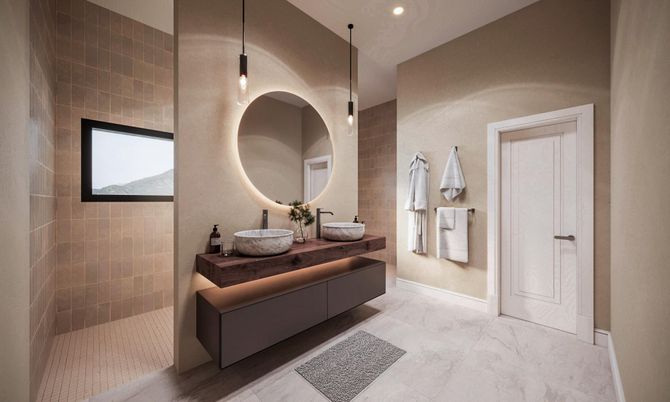 Bathroom, Dual Sink Vanities, Interior, Marble, Pendant Lights, Recessed Lighting