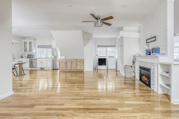 Empty room, Fireplace, Interior, Kitchen, Wood Texture Flooring