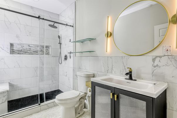 Bathroom, Glass Shower, Interior, Marble Walls