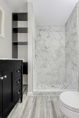 Bathroom, Interior, Marble Walls, Wood Texture Flooring
