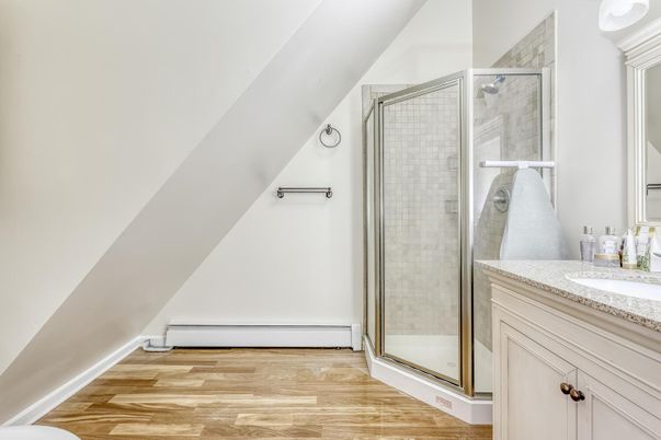 Bathroom, Glass Shower, Interior, Wood Texture Flooring