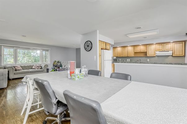 Dining room, Interior, Kitchen, Living room, Recessed Lighting, Wood Texture Flooring