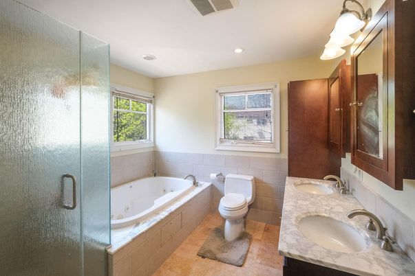 Bathroom, Dual Sink Vanities, Glass Shower, Interior, Recessed Lighting