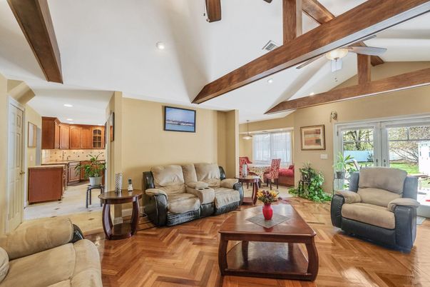 Dining room, Interior, Kitchen, Living room, Recessed Lighting, Wooden Beams, Wood Texture Flooring