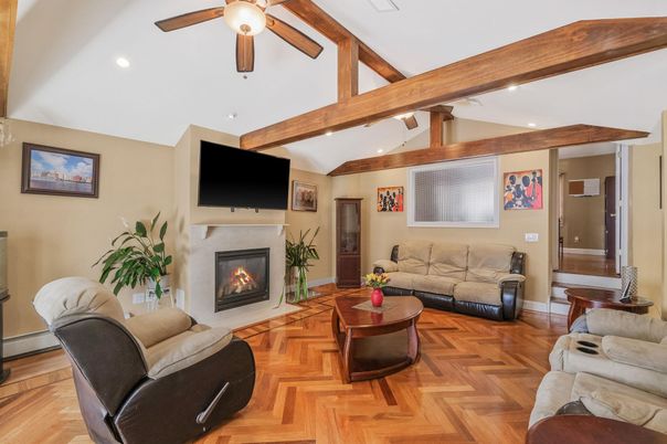 Fireplace, Interior, Living room, Recessed Lighting, Wooden Beams, Wood Texture Flooring