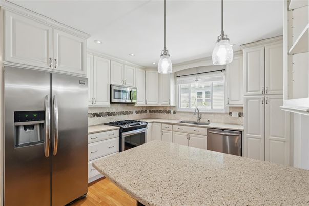 Interior, Kitchen, Pendant Lights, Recessed Lighting, Stainless Steel Appliances, Wood Texture Flooring