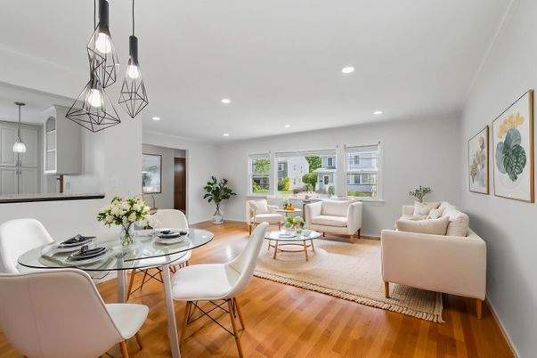 Dining room, Interior, Living room, Pendant Lights, Recessed Lighting, Wood Texture Flooring