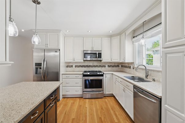 Interior, Kitchen, Pendant Lights, Recessed Lighting, Stainless Steel Appliances, Wood Texture Flooring