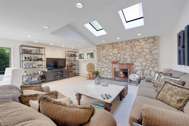 Fireplace, Interior, Living room, Recessed Lighting, Stone Walls