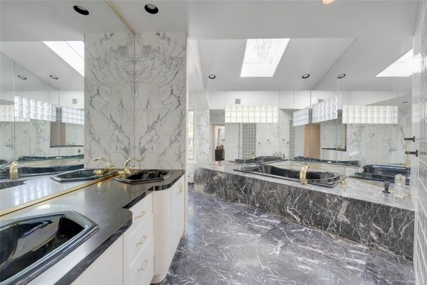 Bathroom, Dual Sink Vanities, Interior, Marble, Marble Walls, Recessed Lighting