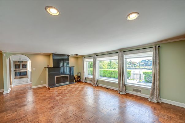 Empty room, Fireplace, Interior, Recessed Lighting, Wood Texture Flooring