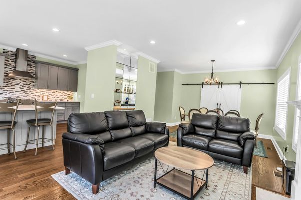 Chandelier, Dining room, Interior, Kitchen, Living room, Recessed Lighting, Wood Texture Flooring