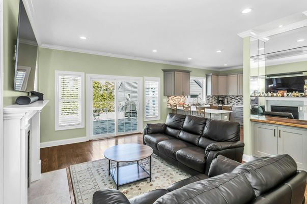 Fireplace, Interior, Kitchen, Living room, Recessed Lighting, Wood Texture Flooring