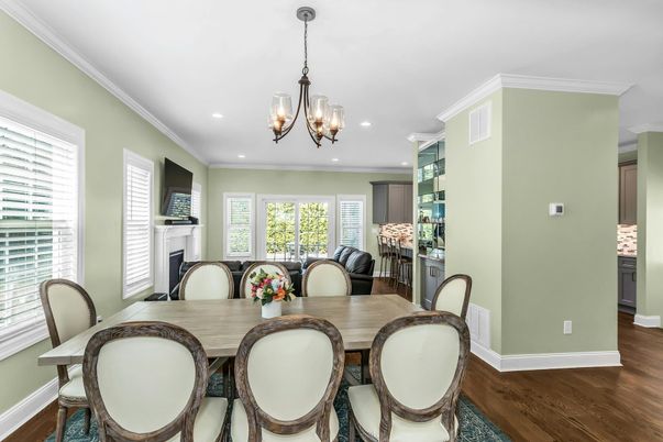 Chandelier, Dining room, Fireplace, Interior, Recessed Lighting, Wood Texture Flooring