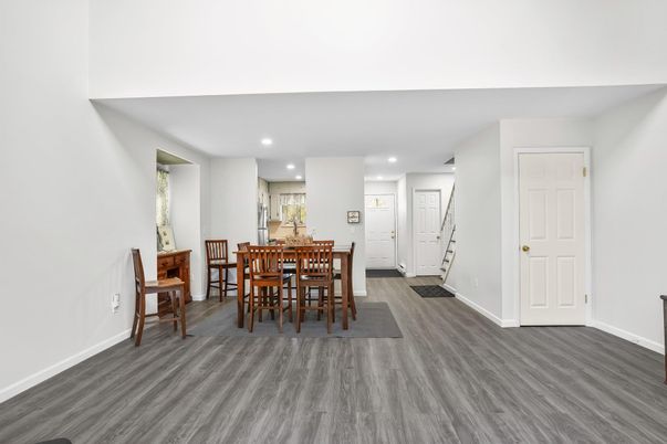 Dining room, Interior, Recessed Lighting, Wood Texture Flooring