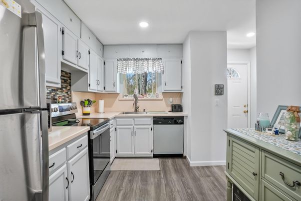 Interior, Kitchen, Recessed Lighting, Stainless Steel Appliances, Wood Texture Flooring